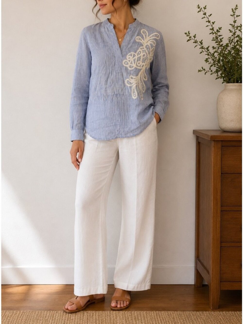 Lauren Ralph Lauren 100% Linen Embroidered Tunic Top Blue Stripe Coastal Boho